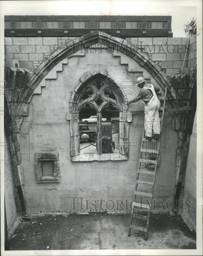 Load image into Gallery viewer, 1965 Press Photo Edgar George Checks Stone Work at Marquette University Chapel
