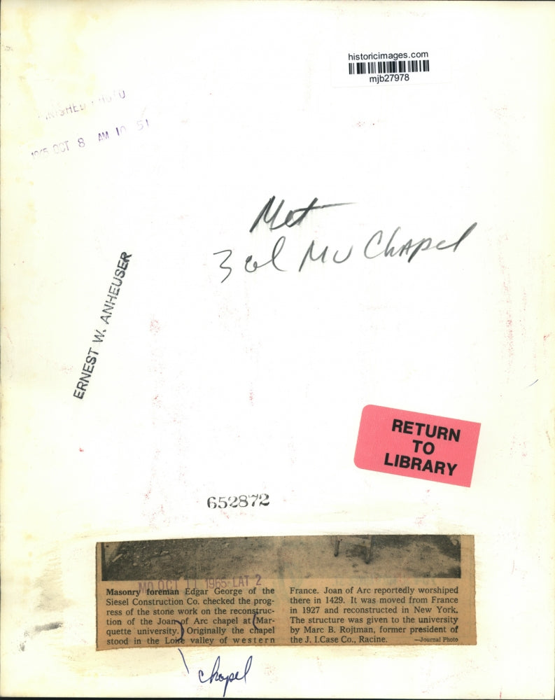 1965 Press Photo Edgar George Checks Stone Work at Marquette University Chapel