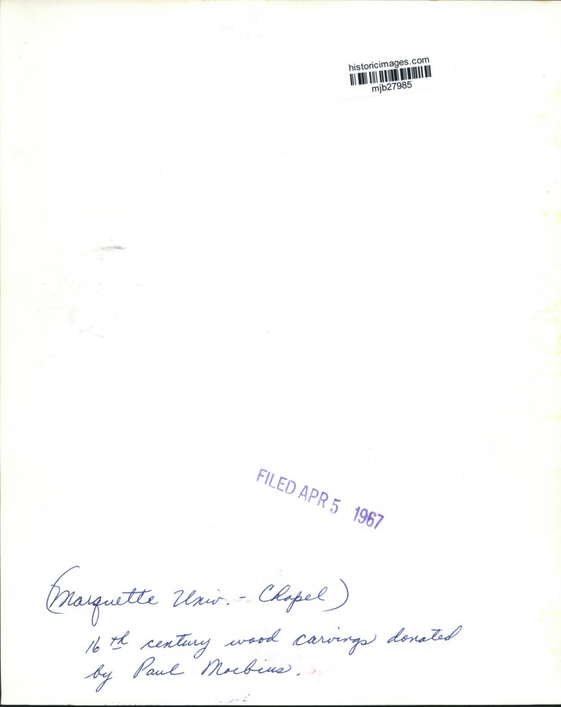 1967 Press Photo Marquette University Chapel, 16th century carvings, Wisconsin.