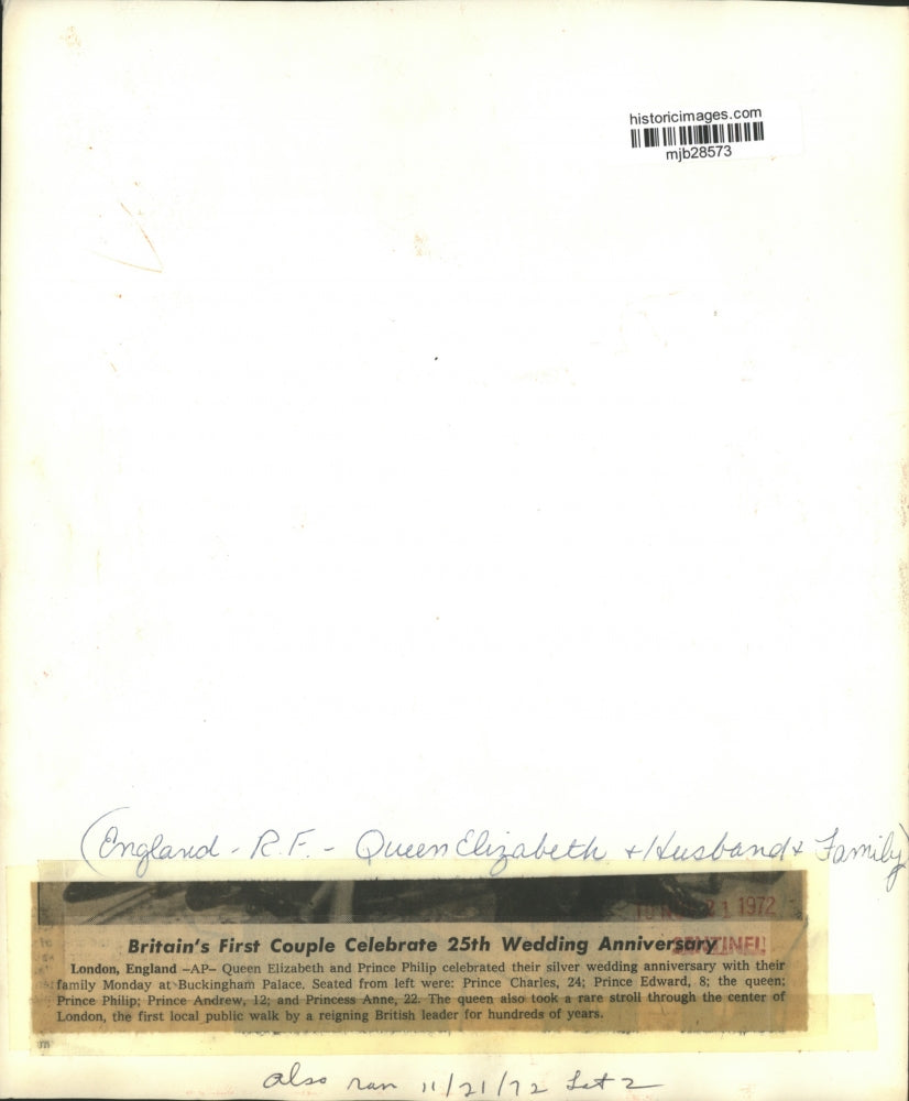 1972 Press Photo Britain's First Couple Celebrates 25th Wedding Anniversary