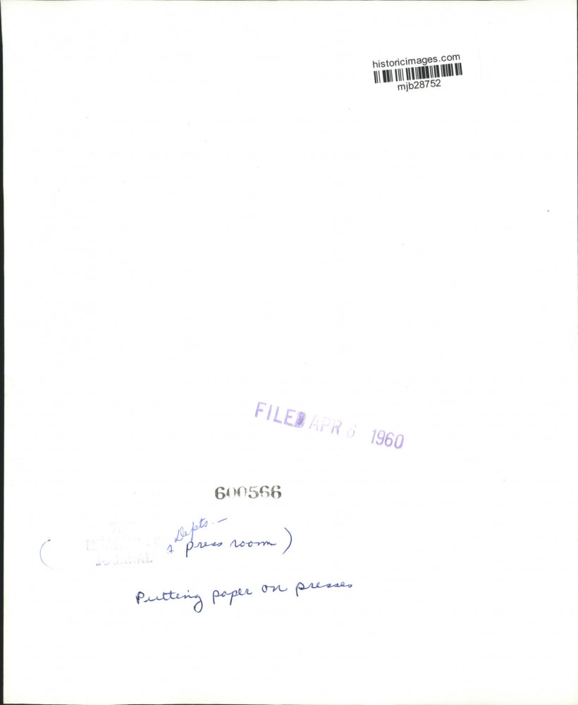 1960 Press Photo Worker Puts Paper on Press in The Milwaukee Journal Press Room