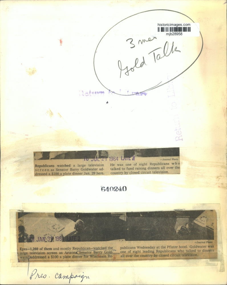 1964 Press Photo Senator Barry Goldwater Republican Dinner at Pfister Hotel