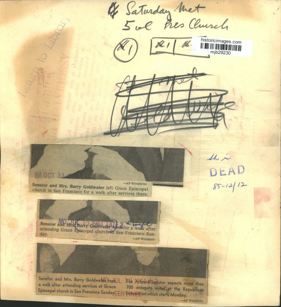 1964 Press Photo Senator and Mrs. Barry Goldwater leave Grace Episcopal church