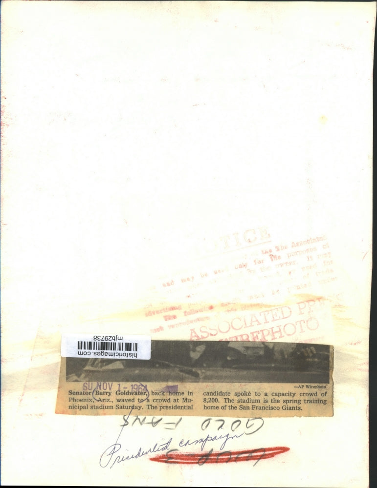 1964 Press Photo Senator Barry Goldwater at Municipal Stadium, Phoenix, Arizona