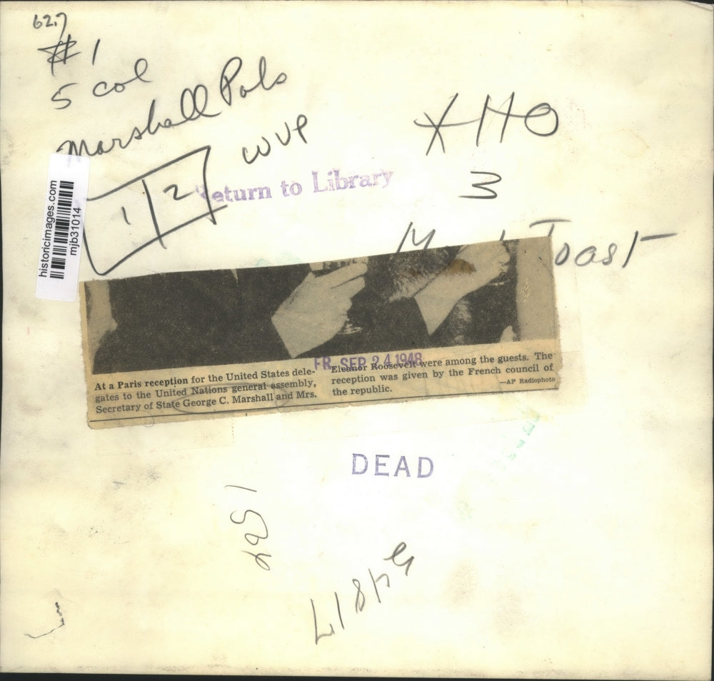 1948 Press Photo Secretary of State George C. Marshall at Paris Reception