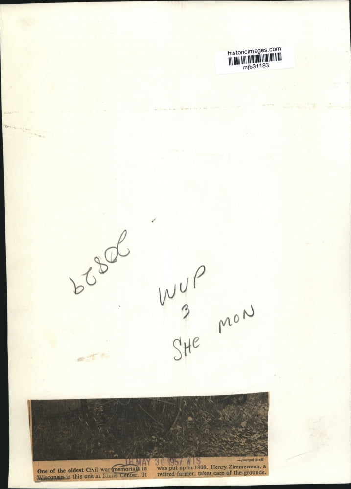 1957 Press Photo Henry Zimmerman Near Civil War Memorial at Rhine Center