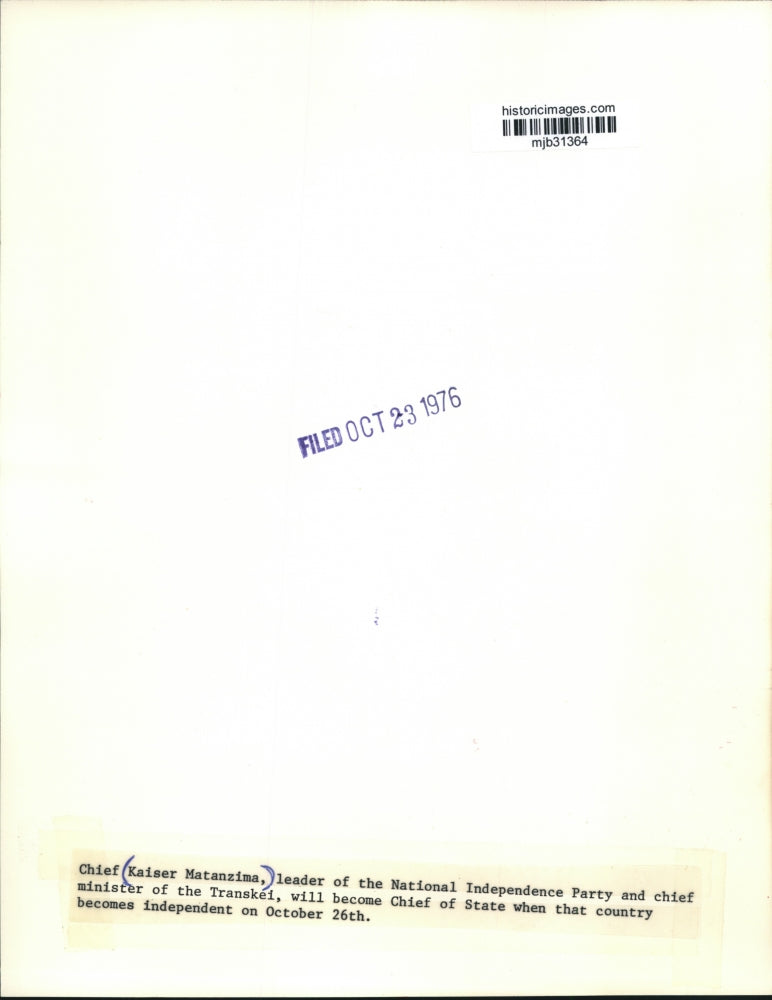 1976 Press Photo Chief Kaiser Matanzima, chief minister of the Transkei