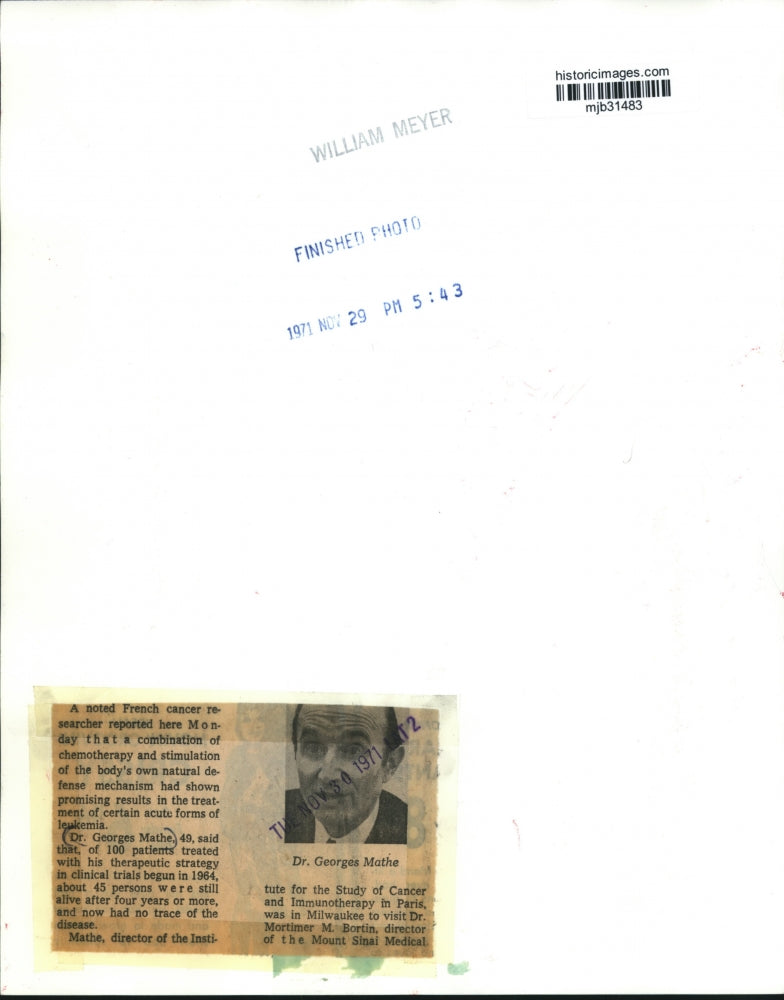 1971 Press Photo Dr Georges Mathe of Paris is Institute director of cancer study