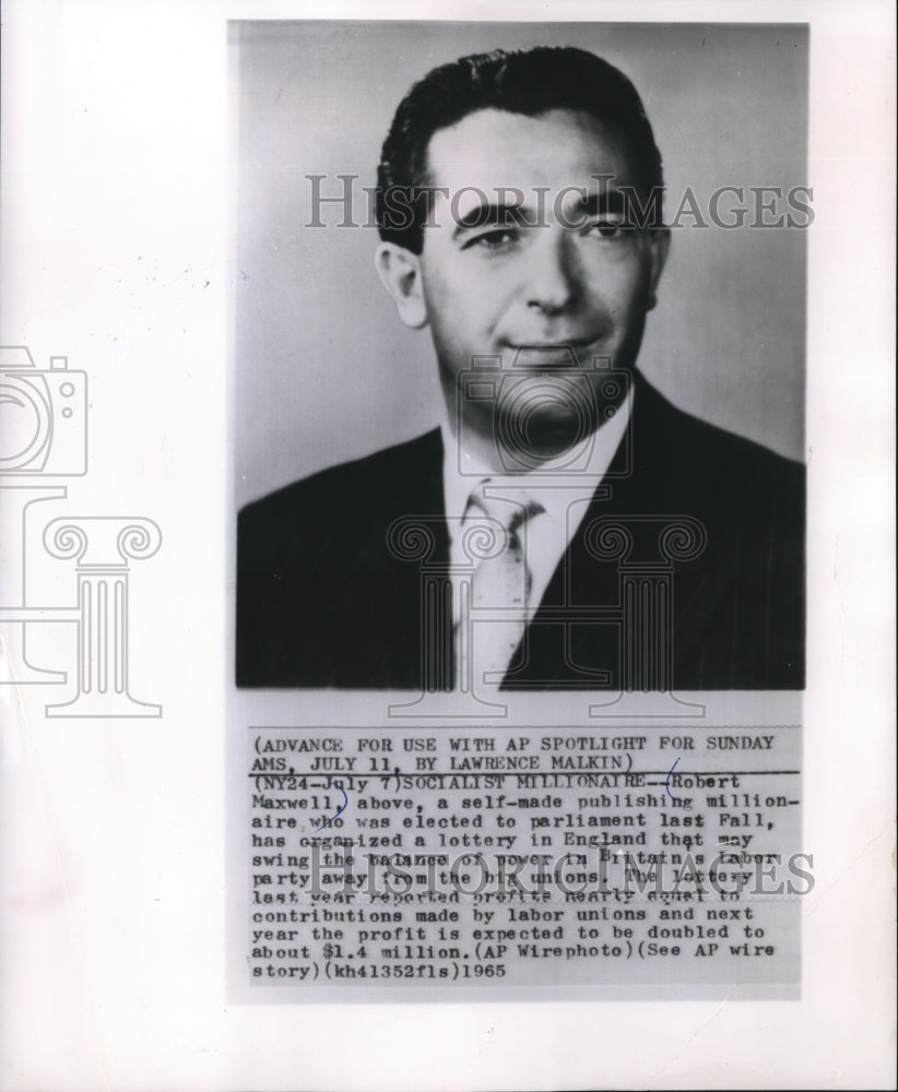 1965 Press Photo Robert Maxwell, publisher, organized an English lottery.
