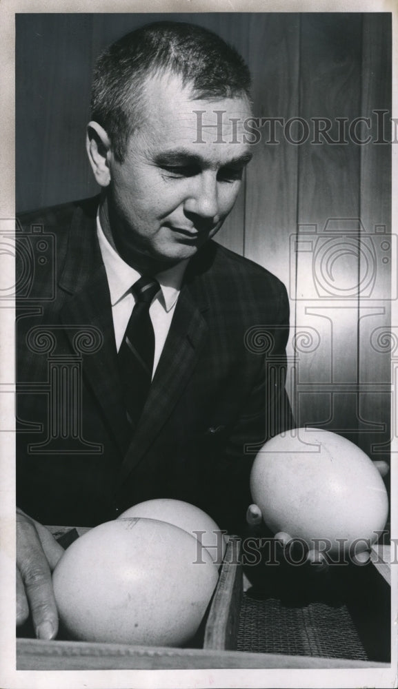 1963 Press Photo State Fair Administrator Willard Masterson with Ostrich Eggs- Historic Images