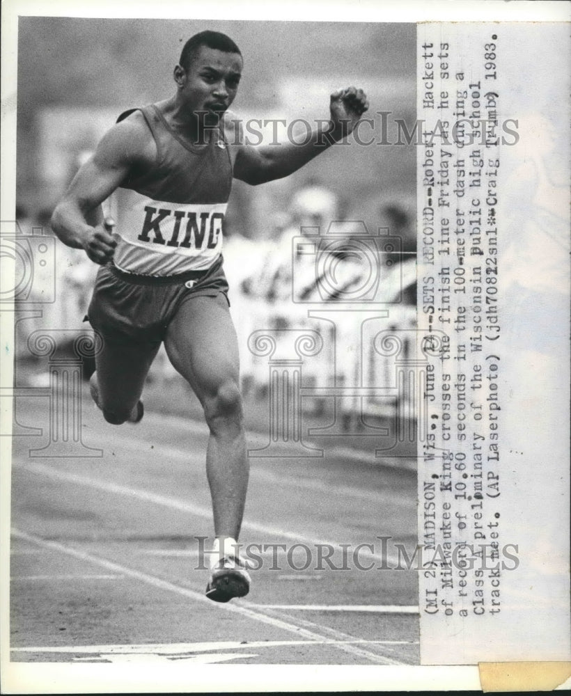 1983 Press Photo Robert Hackett, sets record 100-meter dash, Madison, Wisconsin.- Historic Images