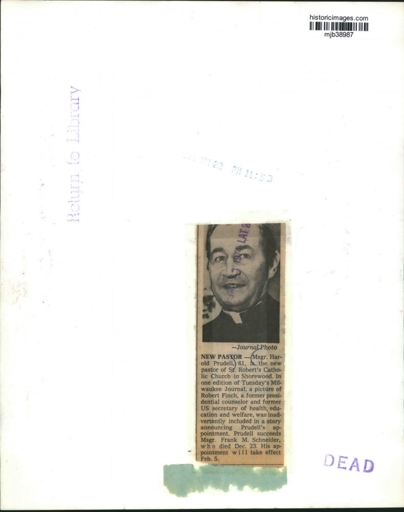 1974 Press Photo Msgr. Harold Prudell Is Pastor Of St. Robert&#39;s Catholic Church