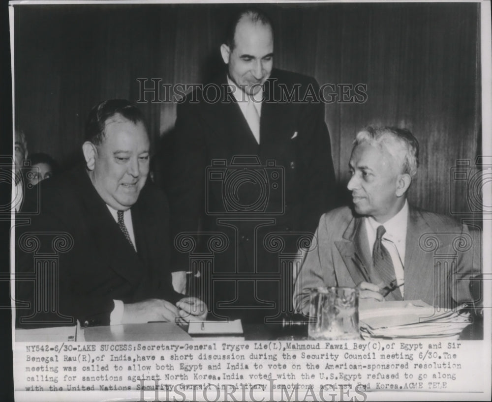 1950 Press Photo Trygve Lie, Mahmoud Fawzi, and Sir Senegal Rau Security Council- Historic Images