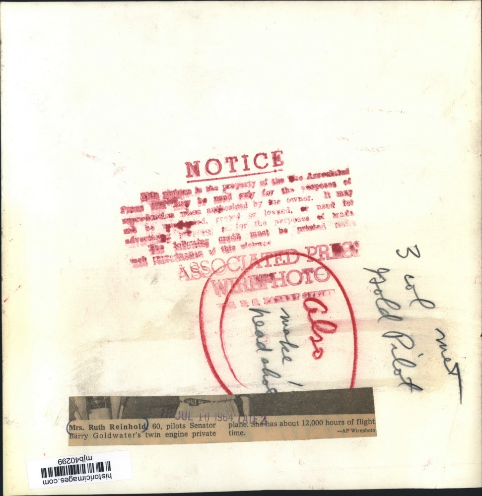 1964 Press Photo Pilot Ruth Reinhold with Senator Goldwater's Private Plane