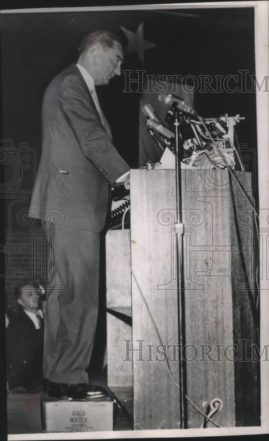 1964 Press Photo Rep. William Miller stood on case of Gold Water soft drinks