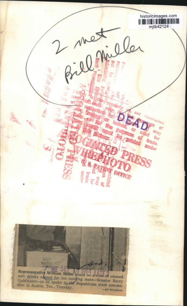 1964 Press Photo Rep. William Miller stood on case of Gold Water soft drinks