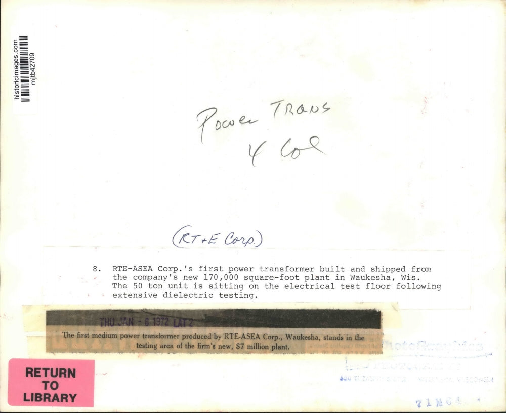 1972 Press Photo Medium power transformer by RTE-ASEA Corporation, Waukesha