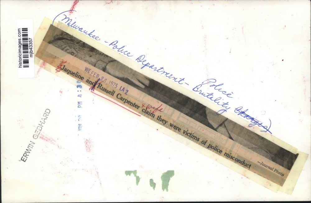 1975 Press Photo Jaqueline and Russell Carpenter claim; victimized by police.