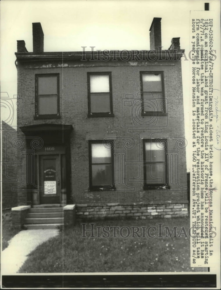 1971 Press Photo The Moross Mansion - Oldest Brick House in Detroit, Michigan- Historic Images