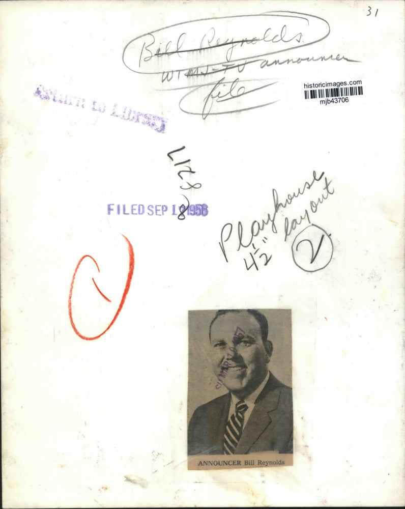 1957 Press Photo Television Announcer Bill Reynolds - mjb43706