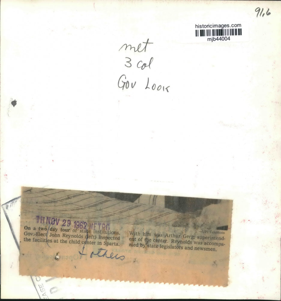 1962 Press Photo Governor Reynolds and Arthur Gerg, inspect child center, Sparta