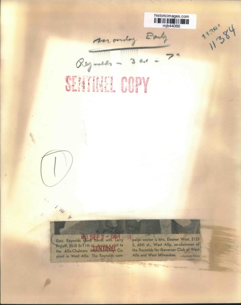 1964 Press Photo Wisconsin Gov. Reynolds shakes hands with Larry Fryjoff