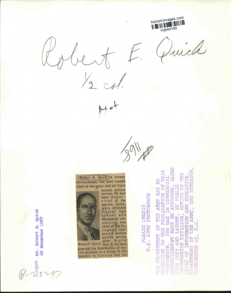 1957 Press Photo Robert Quick Chief Of Army And Air Force Motion Picture Service