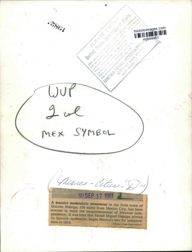 1961 Press Photo Monument of Mexican independence, Dolores Hidalgo, Mexico.
