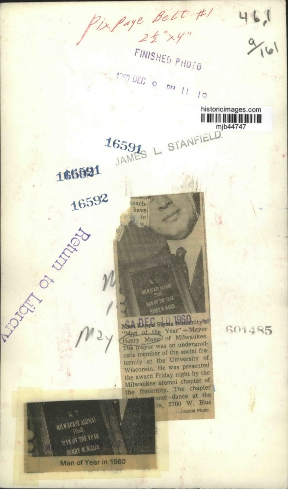 1960 Press Photo U Wisconsin Kappa Sigma "Man of the Year" Milwaukee Mayor Maier