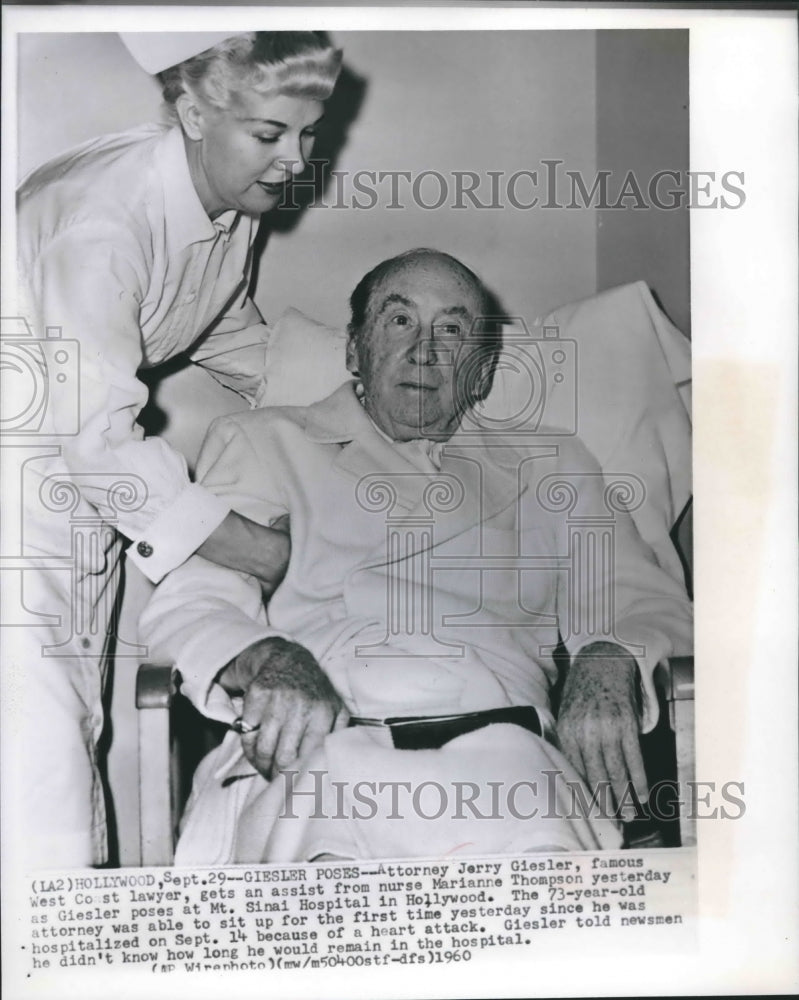 1960 Press Photo Jerry Giesler gets help at Mount Sinai Hospital in Hollywood.