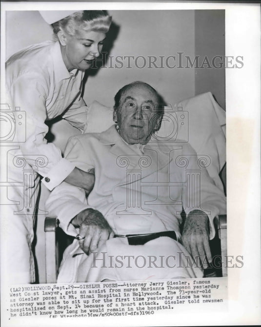 1960 Press Photo Jerry Giesler gets help at Mount Sinai Hospital in Hollywood.