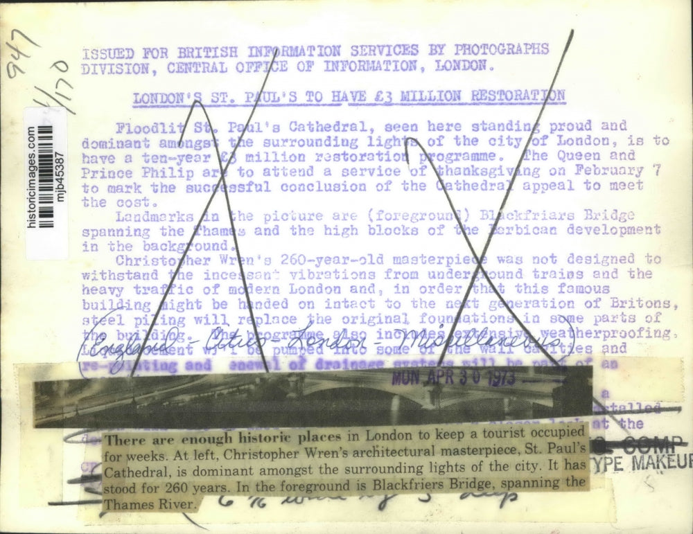 1973 Press Photo Christopher Wren's Saint Paul's Cathedral in London, England