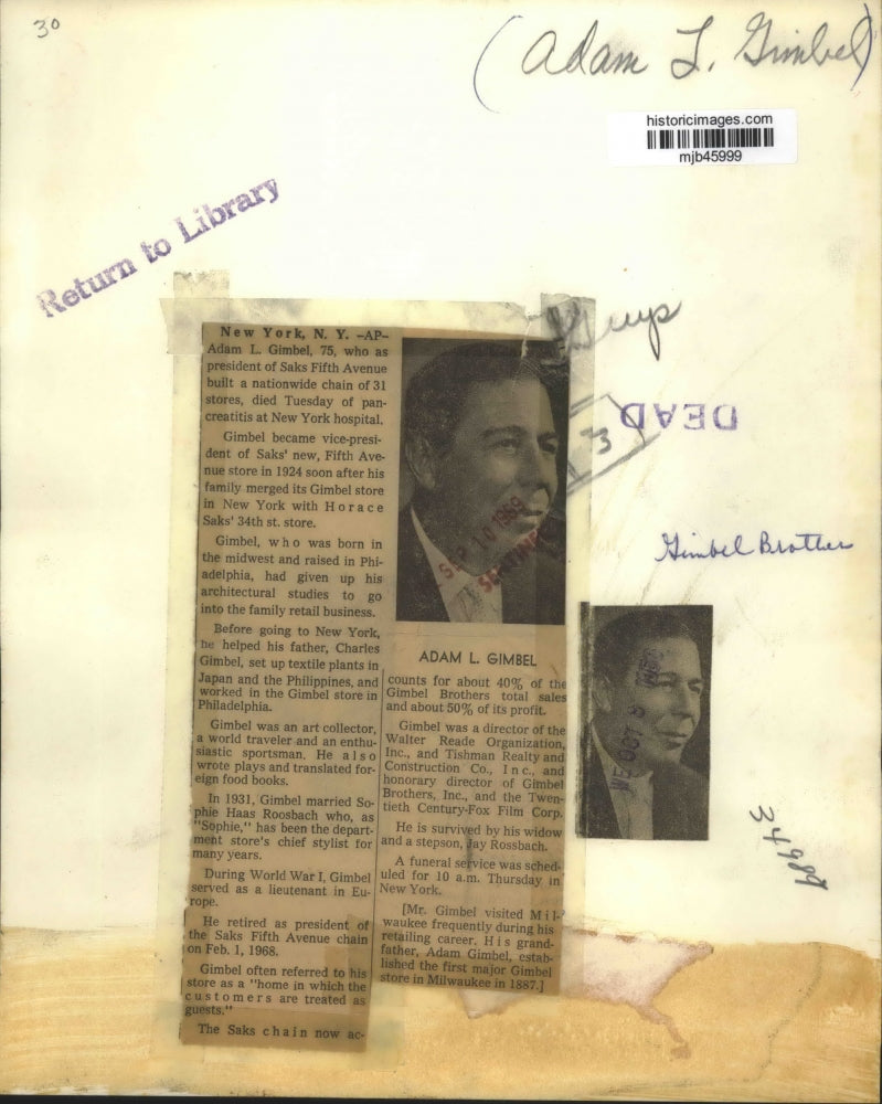 1969 Press Photo Adam L. Gimbel, President of Saks Fifth Avenue - mjb45999