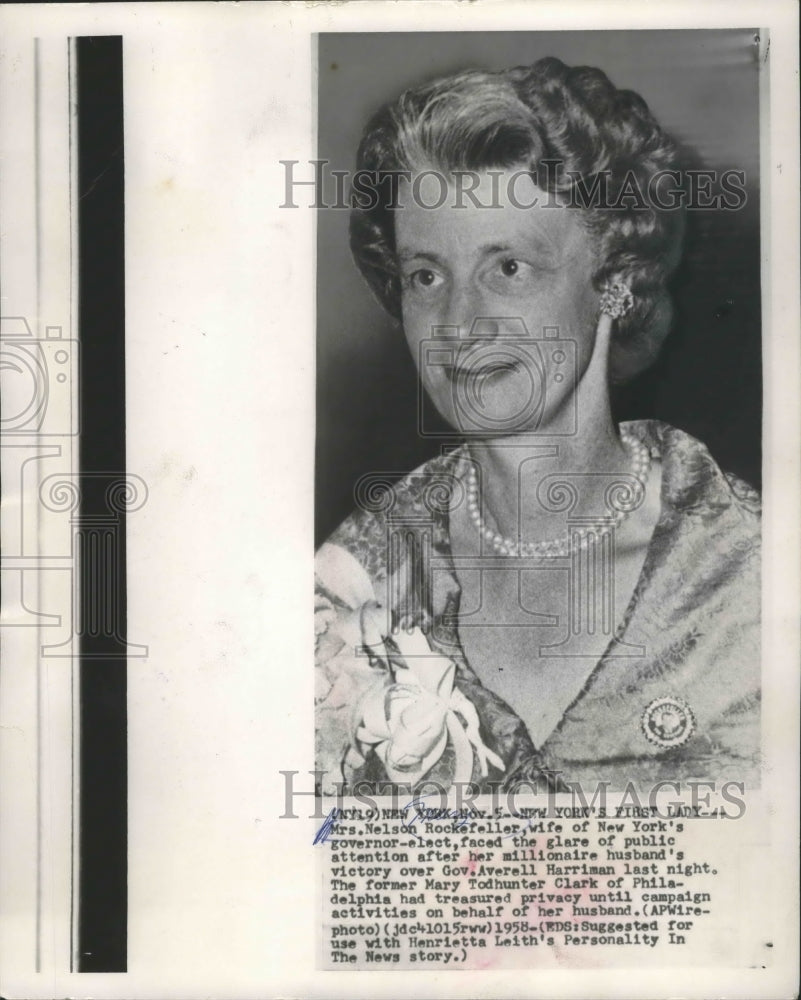 1958 Press Photo Mrs. Mary Rockefeller, no longer has privacy, New York.