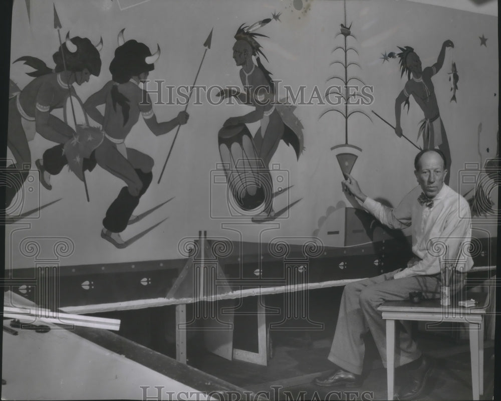  Press Photo Artist Armin O. Hansen with painted mural of Sac Indian Black Hawk- Historic Images