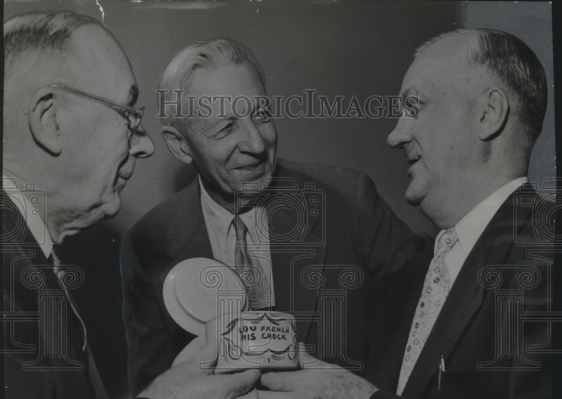 Load image into Gallery viewer, 1956 Press Photo Lewis French awarded crock of cheese from Holstein breeders, WI
