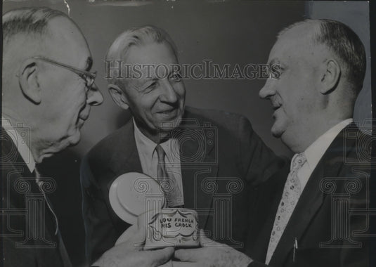 1956 Press Photo Lewis French awarded crock of cheese from Holstein breeders, WI