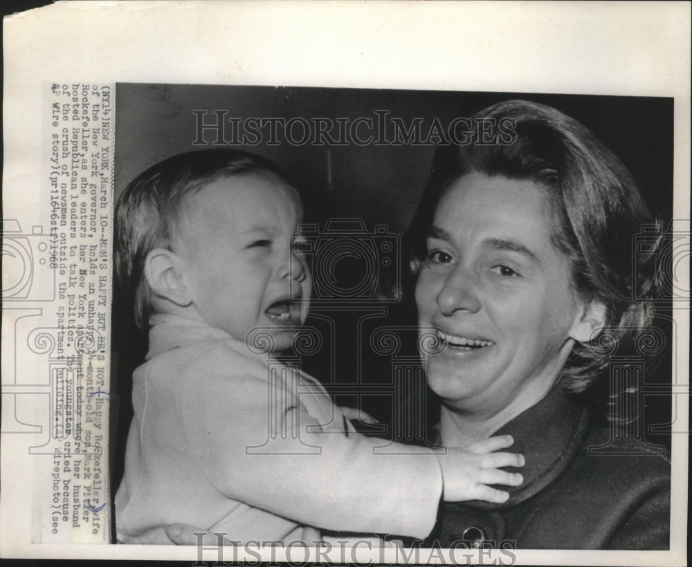 1968 Press Photo Governor's wife, Mrs. Rockefeller holding her crying son, Mark