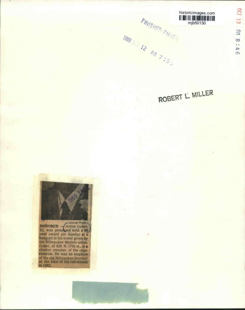 1969 Press Photo Anton Guber, presented with award pin at banquet, Milwaukee.