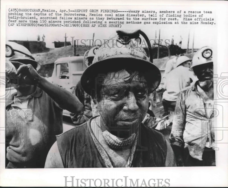 Load image into Gallery viewer, 1969 Press Photo Miners And Rescuers Rest After Explosion in Mexico Mine
