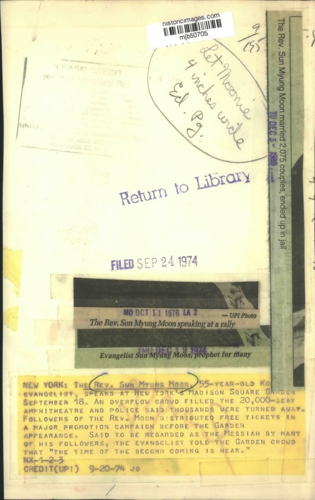 1974 Press Photo Korean Evangelist Sun Myung Moon at Madison Square Garden