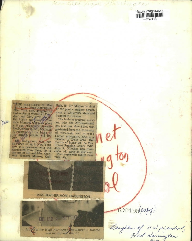 1967 Press Photo Heather Harrington daughter of University Wisconsin President.