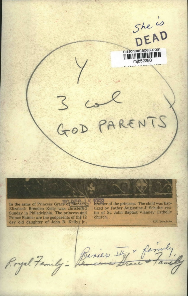 1958 Press Photo Elizabeth Brenden Kelly being christened in Philidelphia