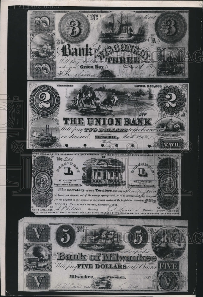 1948 Press Photo Historic Bills from banks of Wisconsin - mjb52293