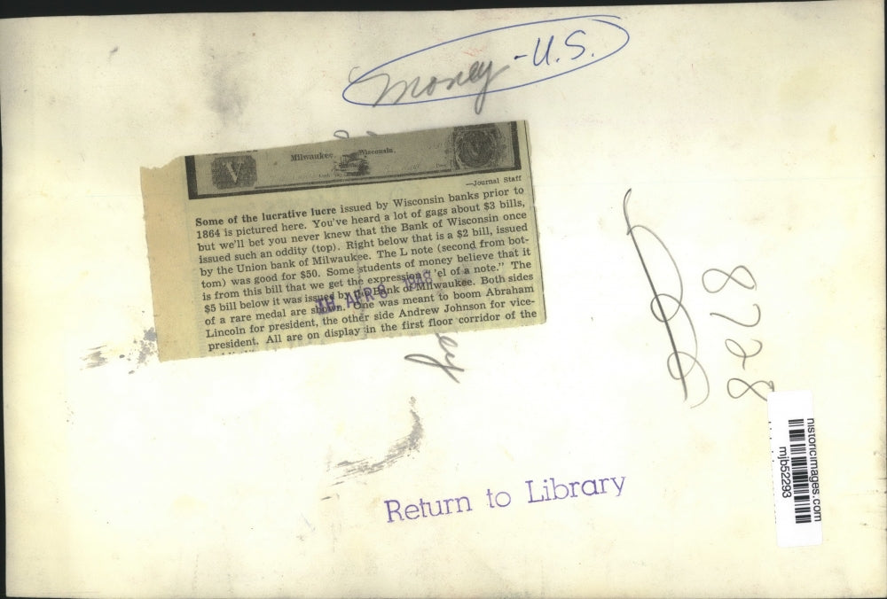 1948 Press Photo Historic Bills from banks of Wisconsin - mjb52293