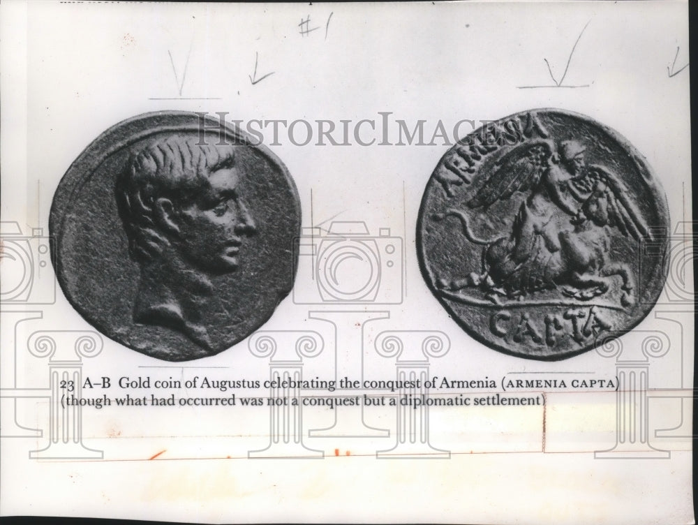 1974 Press Photo Gold Coin Of Augustus Celebrating The Conquest Of Armenia