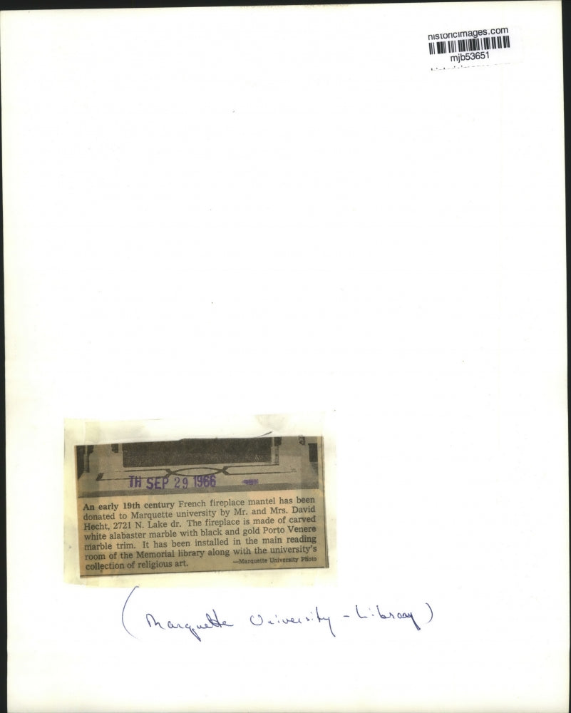 1966 Press Photo French mantel is donated to Marquette University library