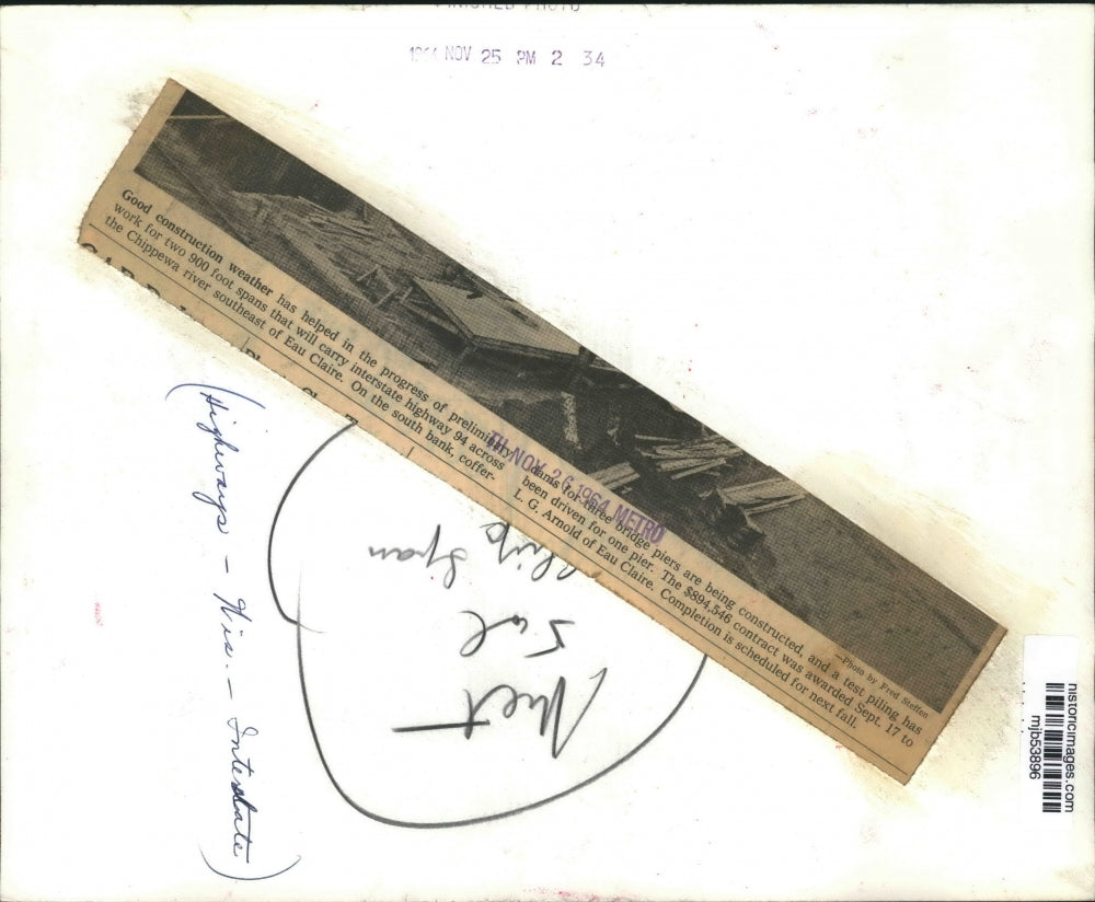 1964 Press Photo Construction of foot spans for interstate 94 highway, Wisconsin