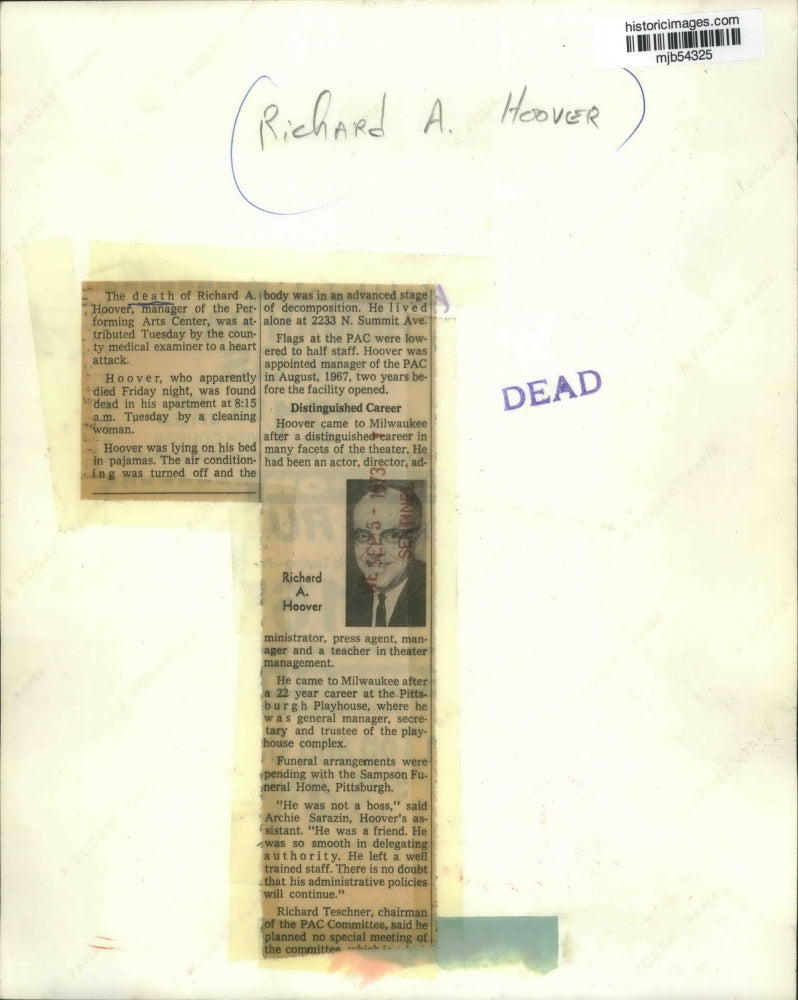 1973 Press Photo Richard A. Hoover, Manager Milwaukee Performing Arts Center