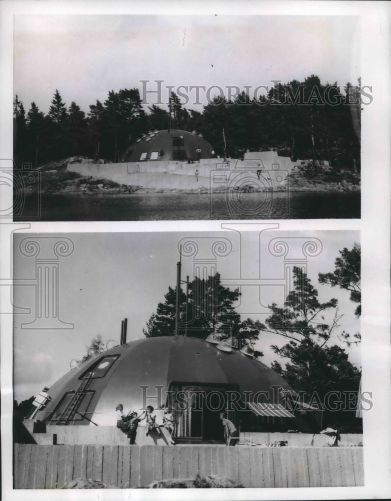 1956 Press Photo Engstroem house, made of metal, with kids playing ball, Sweden.- Historic Images